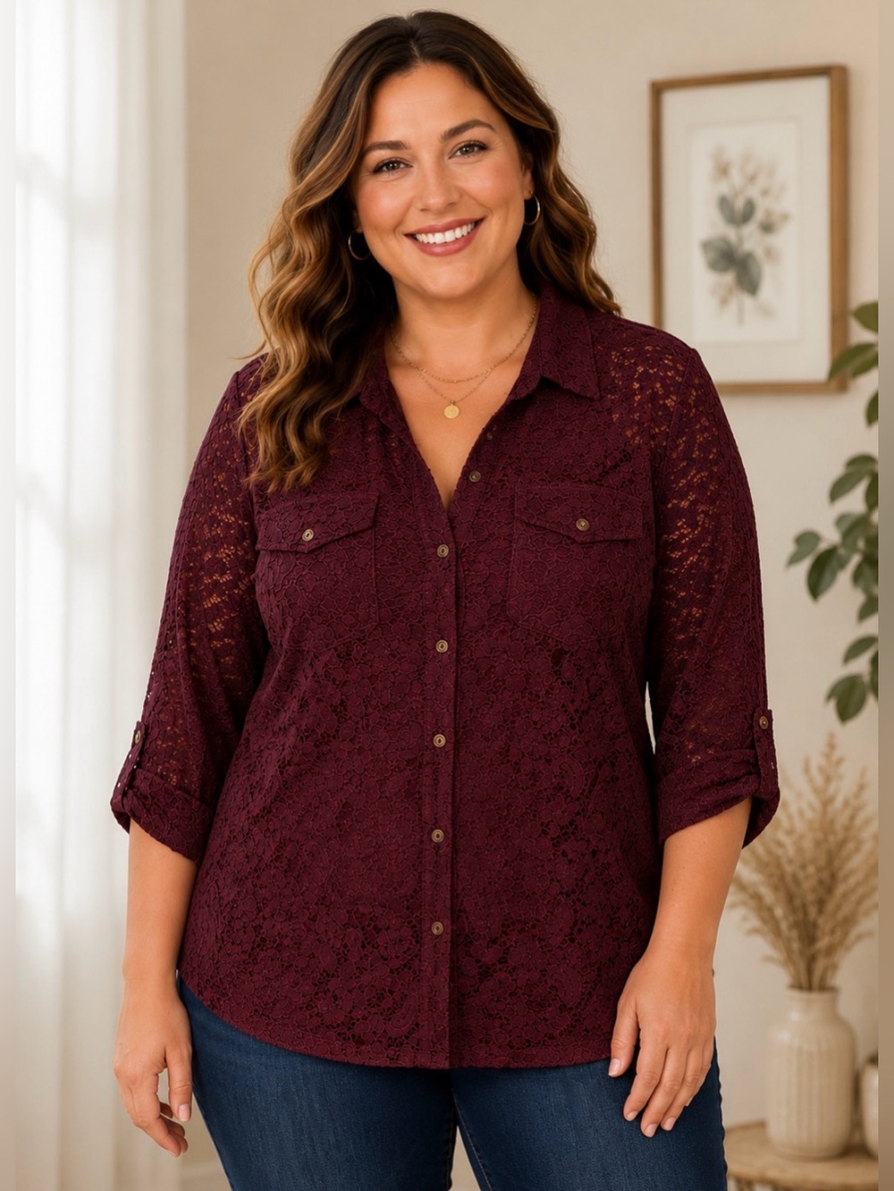 Tribal XL Burgundy Lace Button Front Shirt Blouse Roll Tab Sleeve Boho